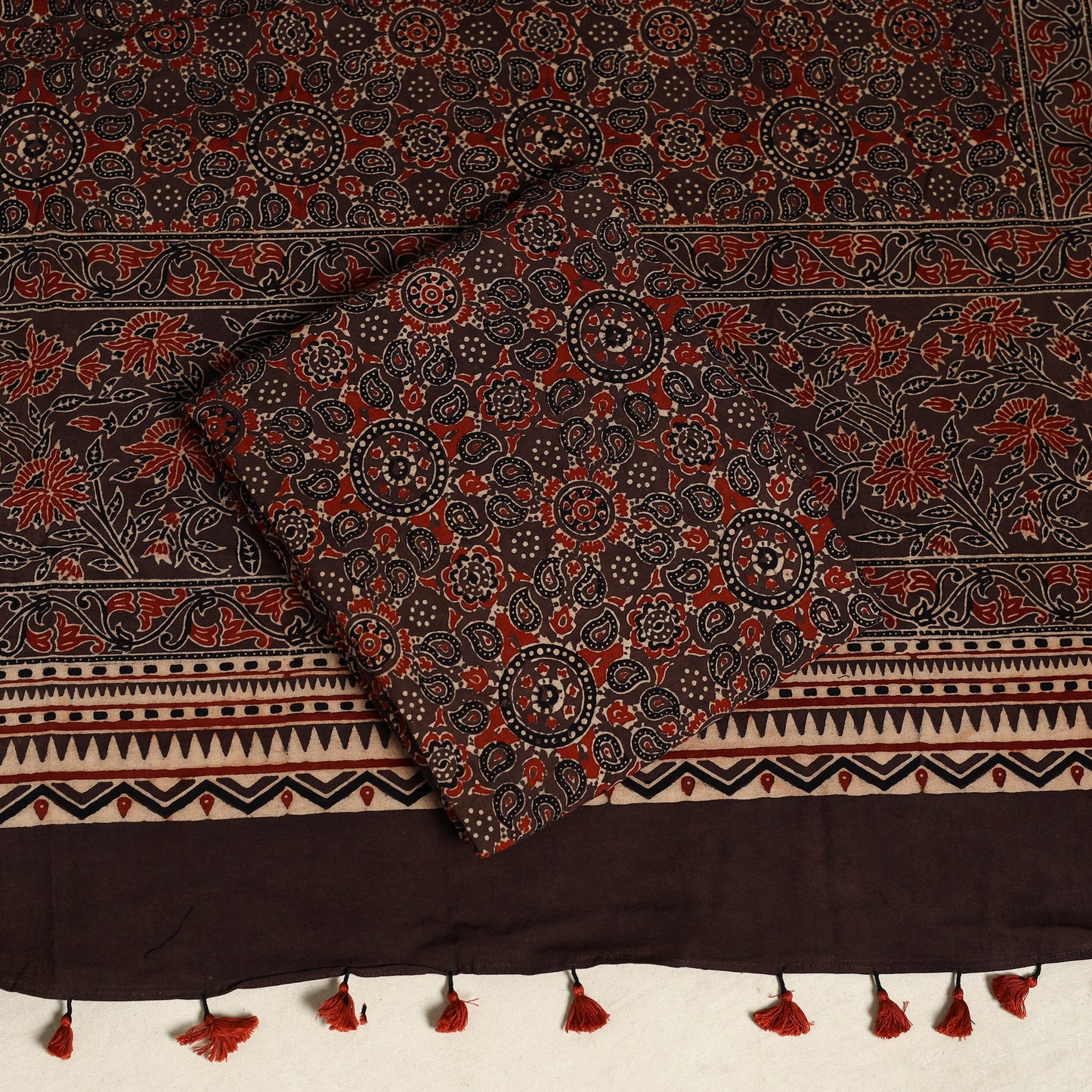 Black 3pc Block Print Natural Dyed Ajrakh Dress Material