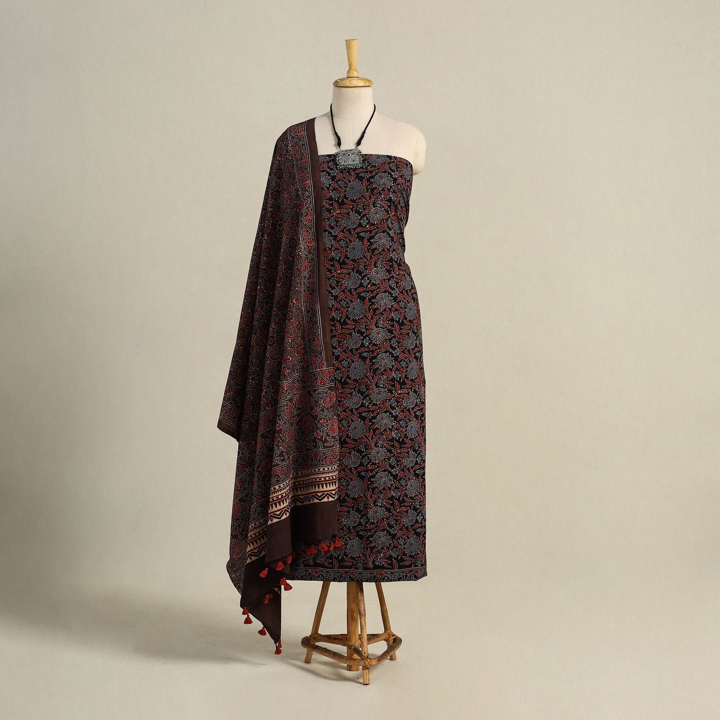 Black 3pc Block Print Natural Dyed Ajrakh Dress Material