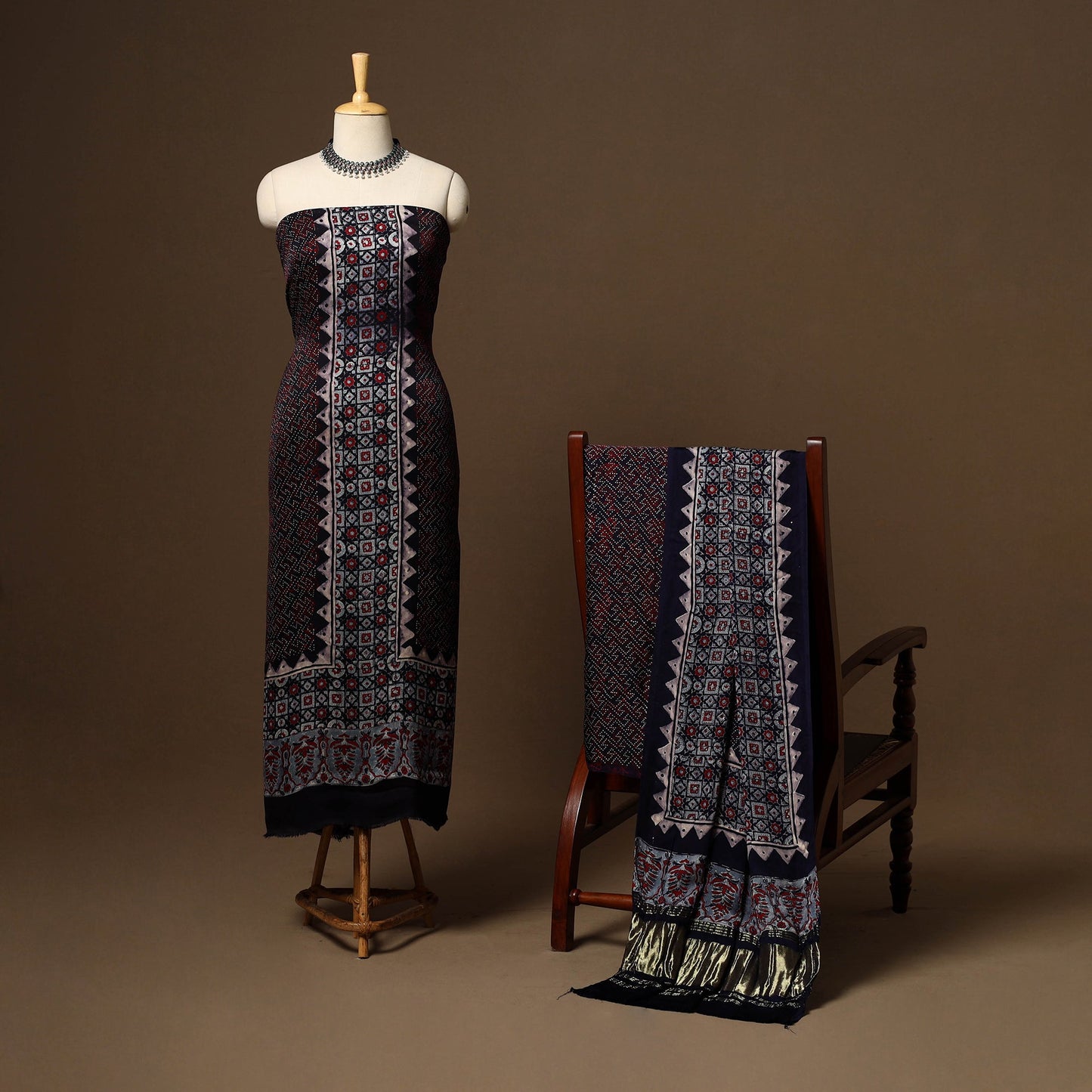 Black - 3pc natural dyed unstitched modal silk dress