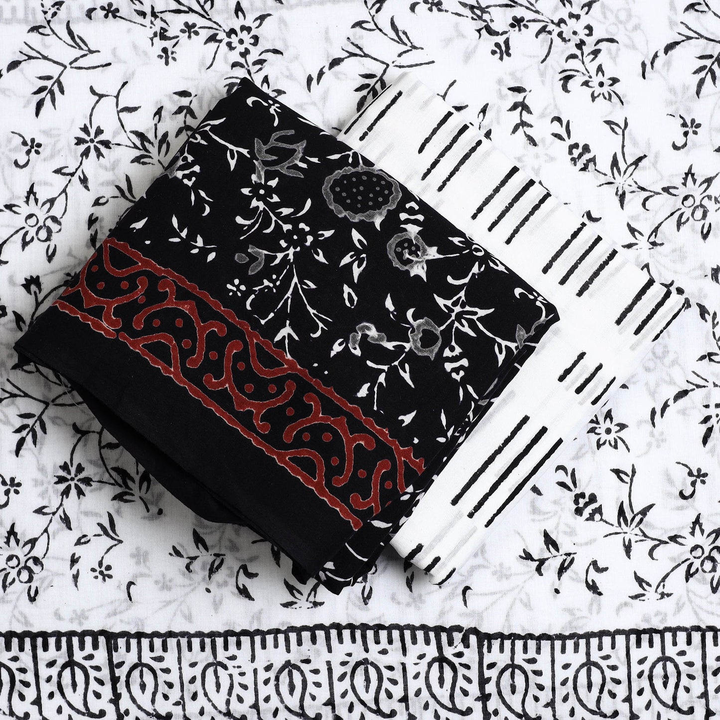 Buy Black 3pc Sanganeri Block Print Cotton Dress Material