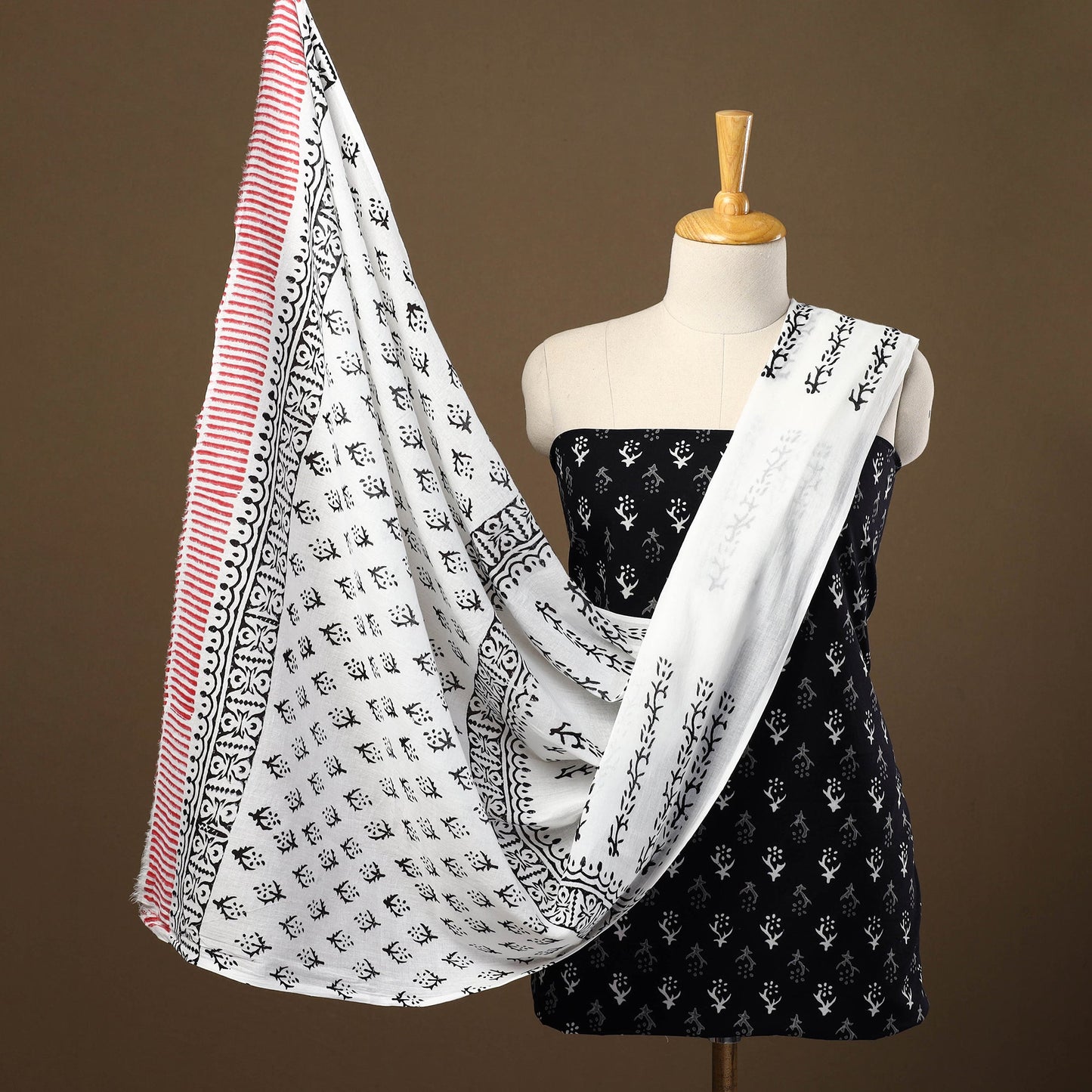 Buy Black 3pc Sanganeri Block Print Cotton Dress Material