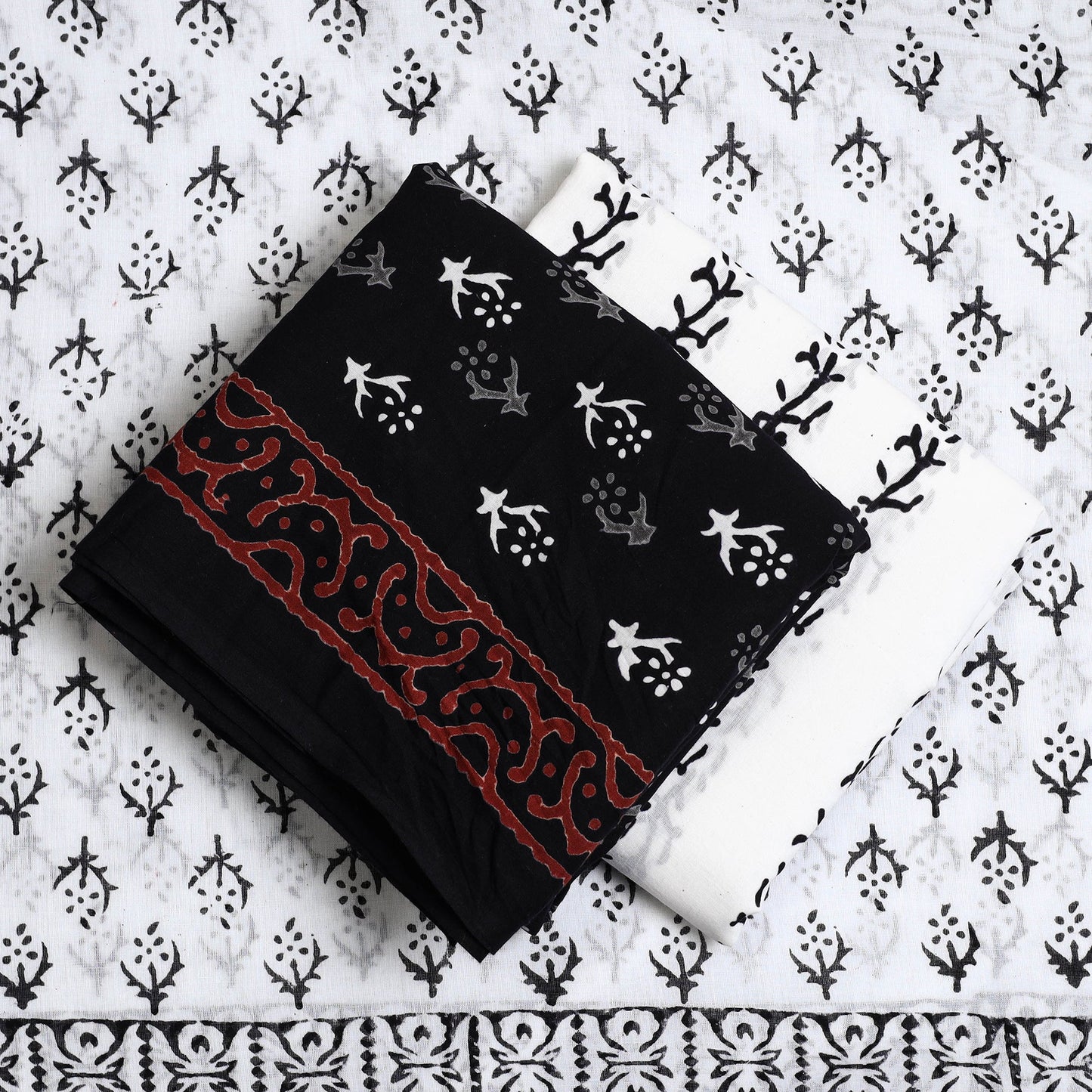 Buy Black 3pc Sanganeri Block Print Cotton Dress Material