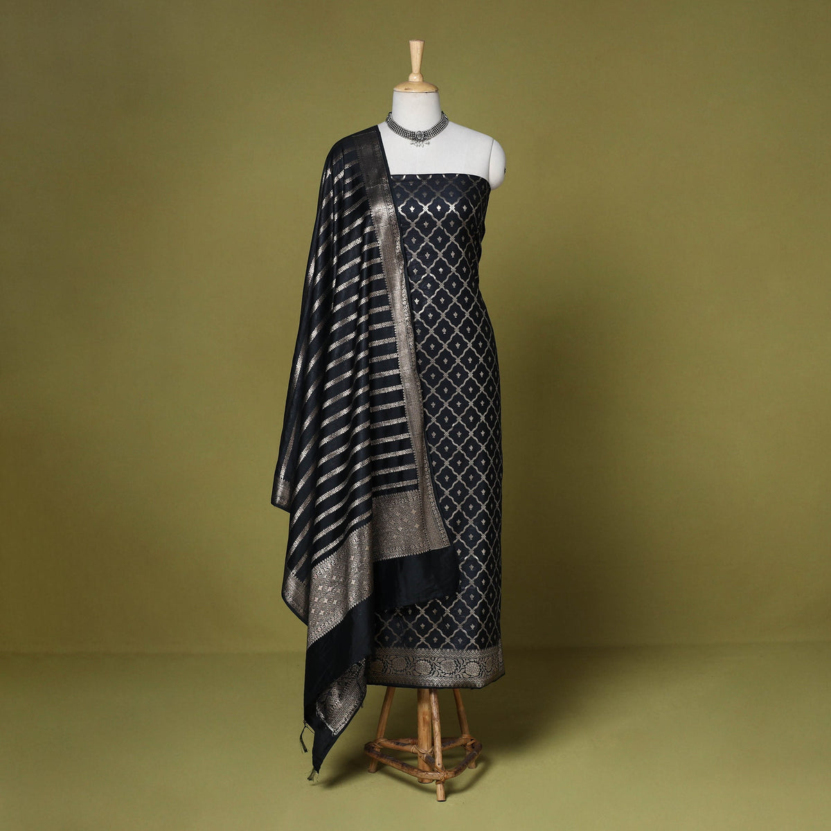 Black - 3pc tanchoi silk cotton unstitched banarasi dress