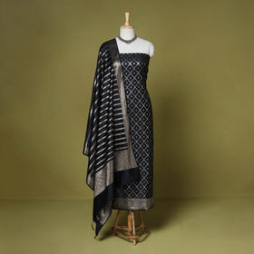 Black - 3pc tanchoi silk cotton unstitched banarasi dress