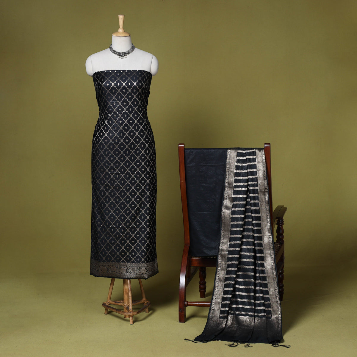 Black - 3pc tanchoi silk cotton unstitched banarasi dress