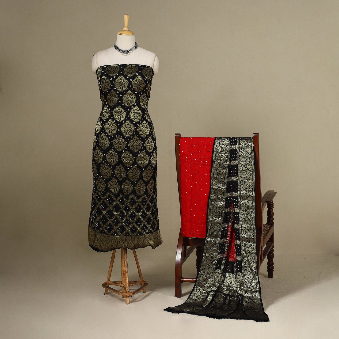 Black - 3pc Tie-Dye Heavy Zari Work Unstitched Bandhani Dress Material 