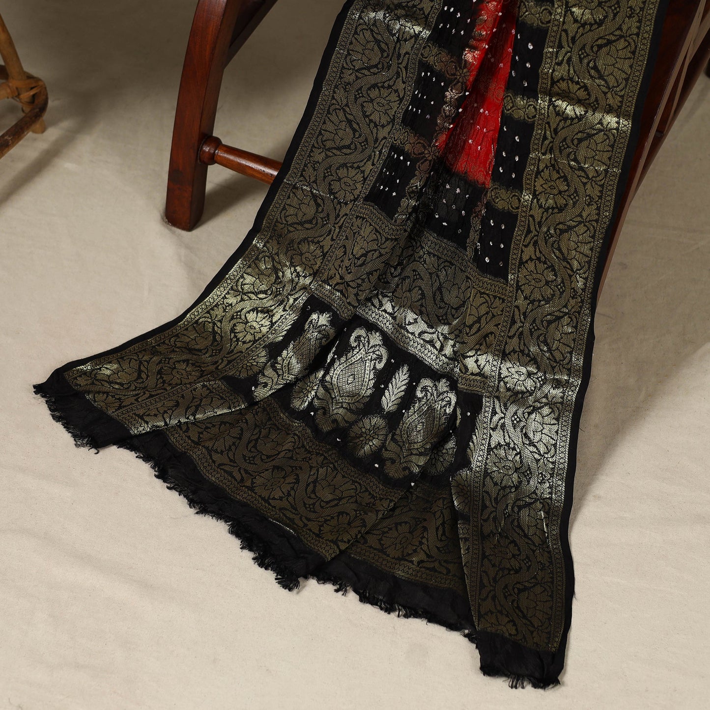 Black - 3pc Tie-Dye Heavy Zari Work Unstitched Bandhani Dress Material 