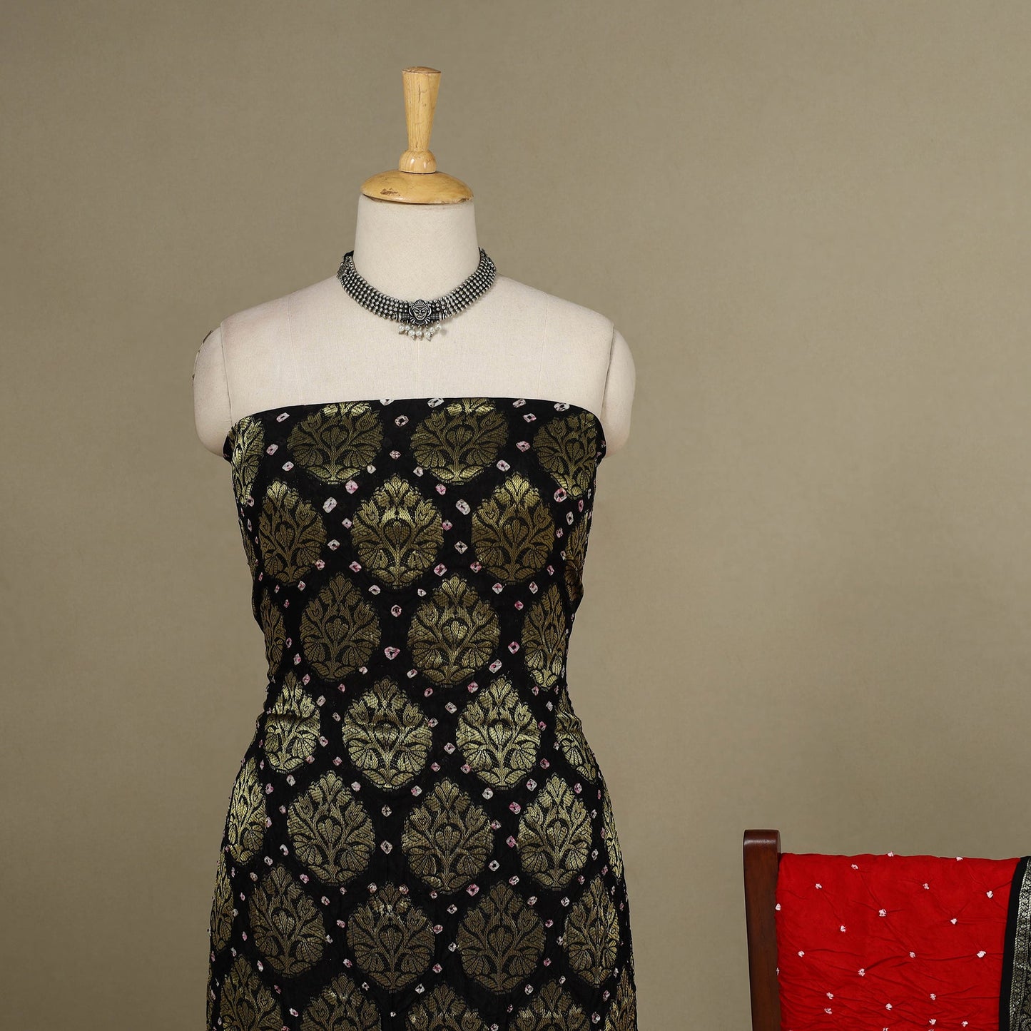 Black - 3pc Tie-Dye Heavy Zari Work Unstitched Bandhani Dress Material 