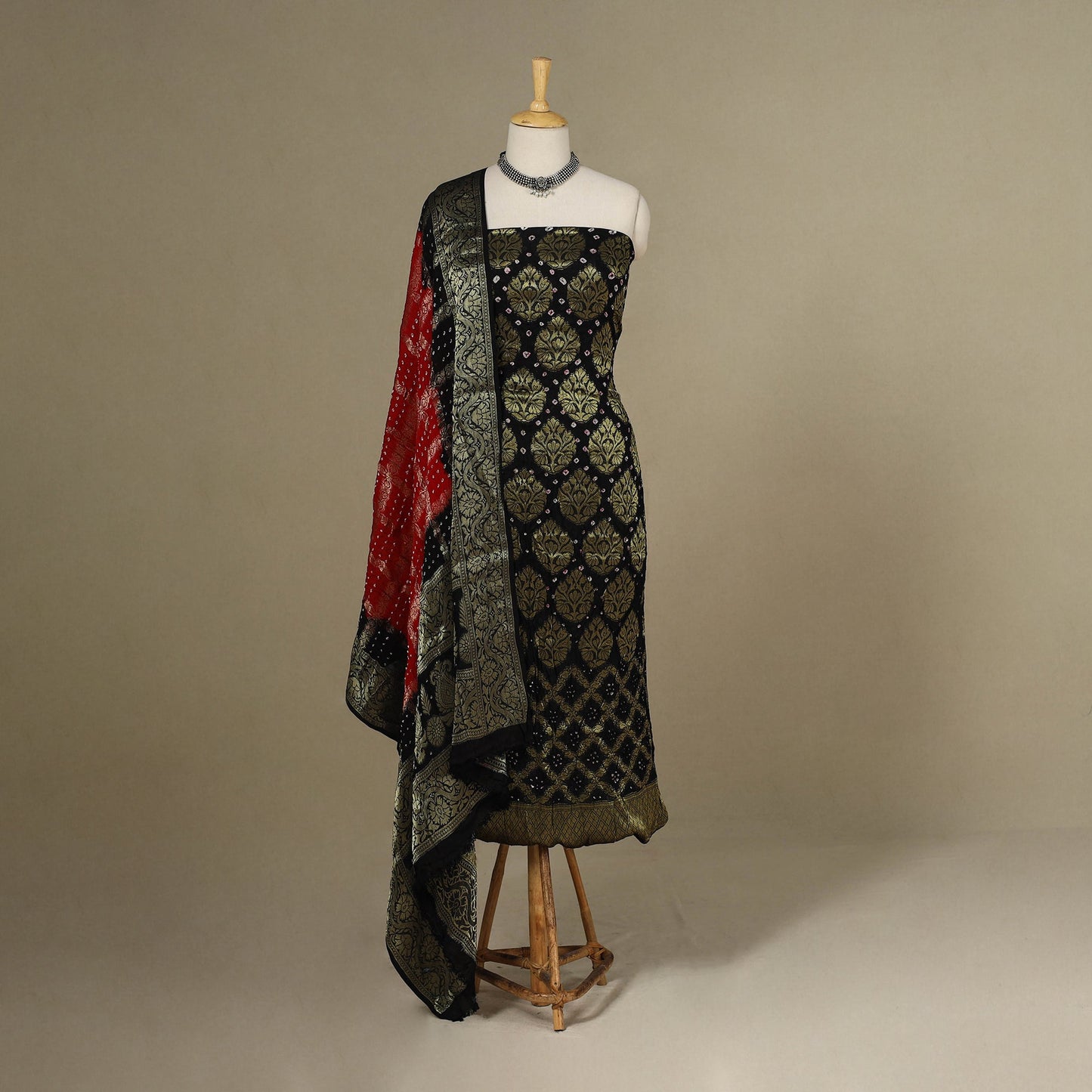 Black - 3pc Tie-Dye Heavy Zari Work Unstitched Bandhani Dress Material 