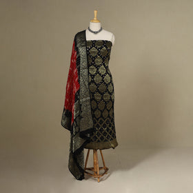 Black - 3pc Tie-Dye Heavy Zari Work Unstitched Bandhani Dress Material 