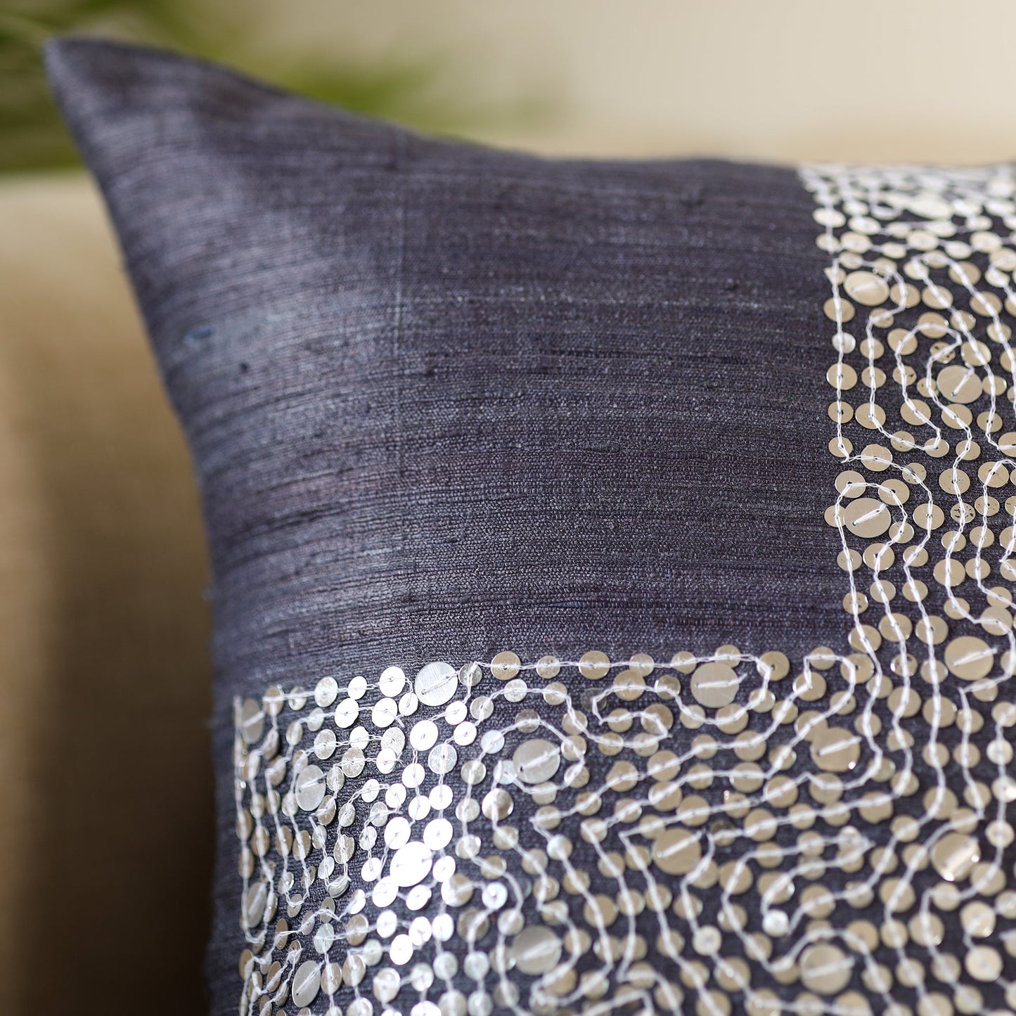 Aari Embroidery Sequin Work Ghicha Silk Cushion Cover