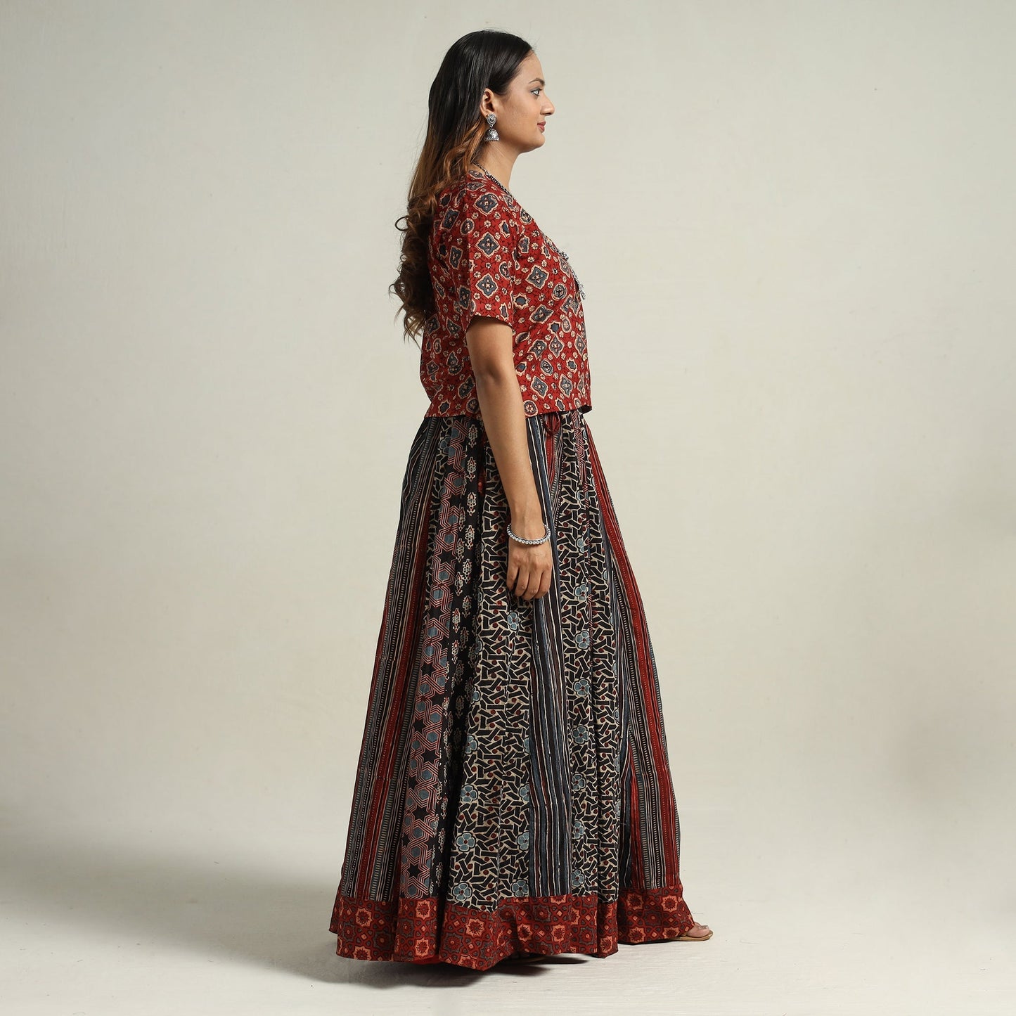  Ajrakh Block Printed 24 Kali Patchwork Cotton Long Skirt 08 