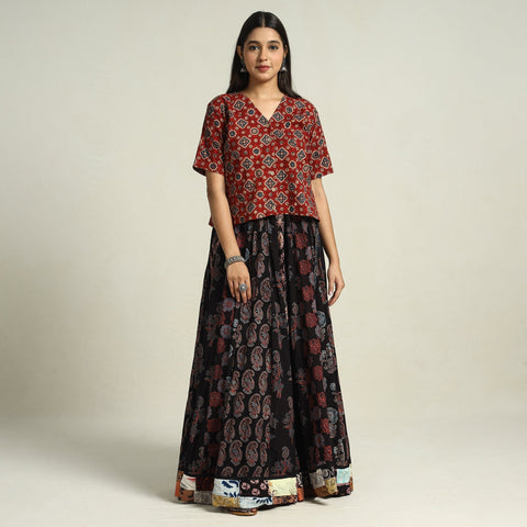 Black - printed 24 kali patchwork cotton long skirt 16