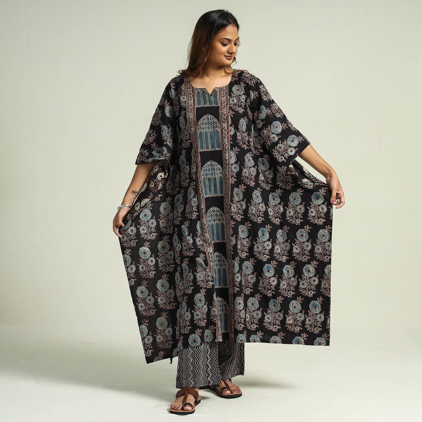 Black - printed cotton kaftan with palazzo & dupatta set