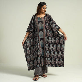 Black - printed cotton kaftan with palazzo & dupatta set