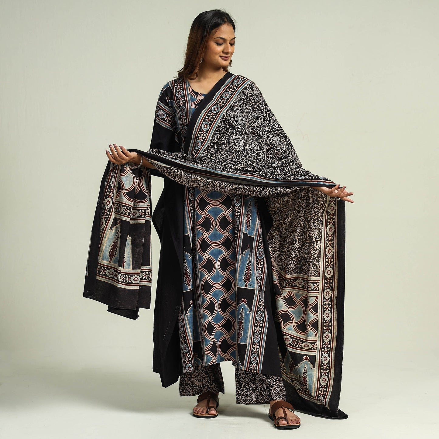 Ajrakh Kaftan with Palazzo & Dupatta Set