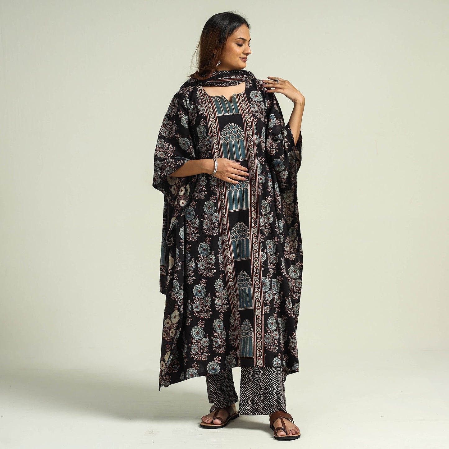 Black - printed cotton kaftan with palazzo & dupatta set
