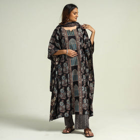 Black - printed cotton kaftan with palazzo & dupatta set