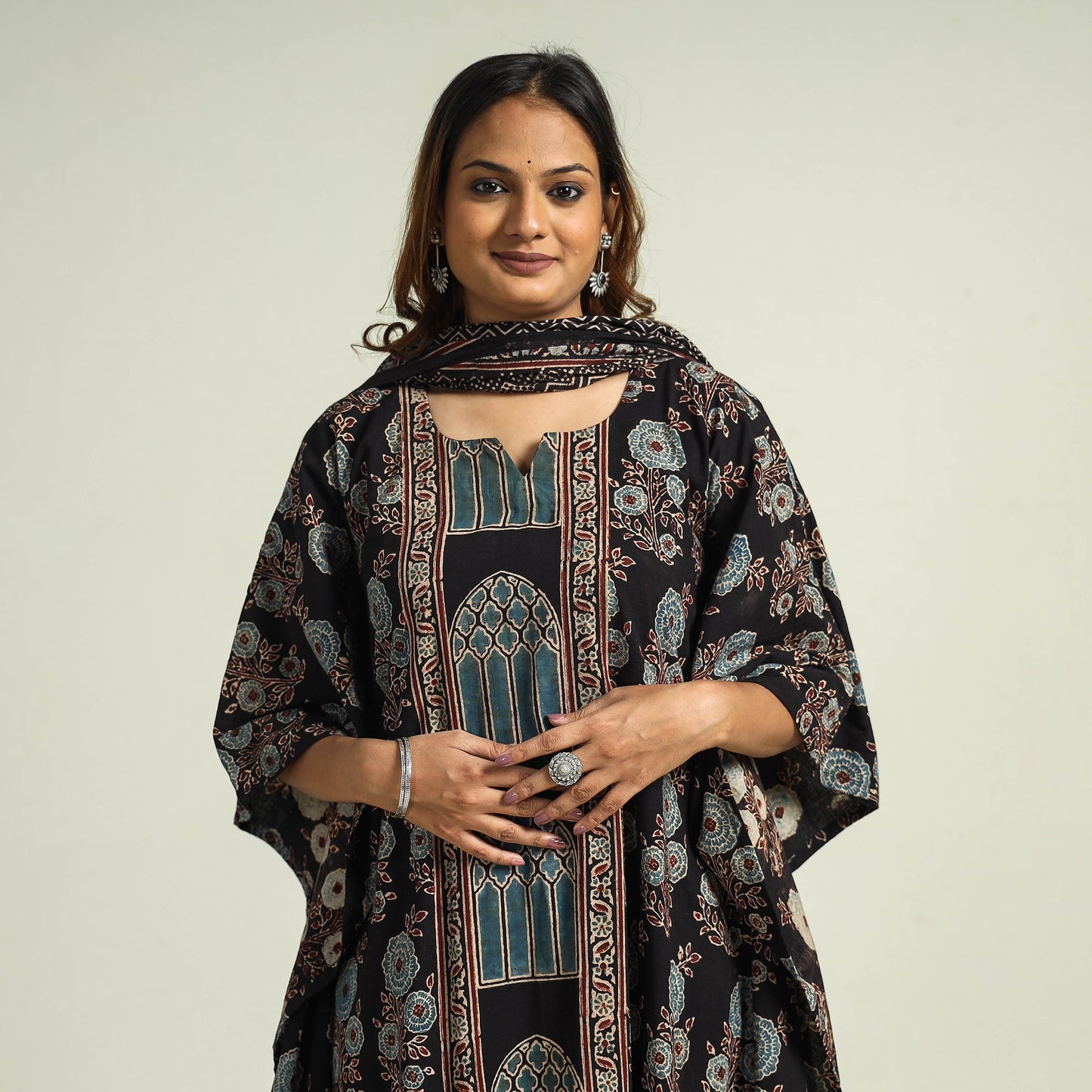 Black - printed cotton kaftan with palazzo & dupatta set