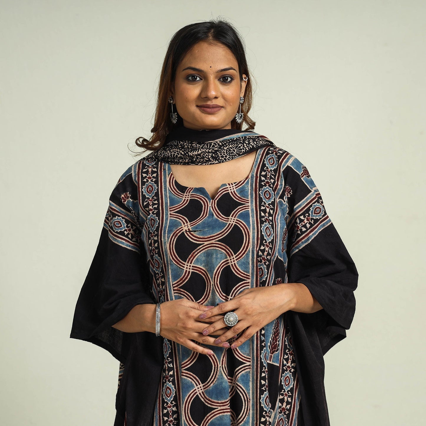 Ajrakh Kaftan with Palazzo & Dupatta Set