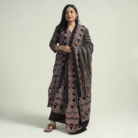 Buy Ajrakh Block Printed Cotton Kurta With Palazzo & Dupatta Set Online at iTokri.com
