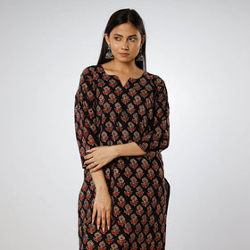 Buy Black - Ajrakh Block Printed Cotton Long Kurta for Women