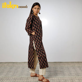 Buy Black - Ajrakh Block Printed Cotton Long Kurta for Women