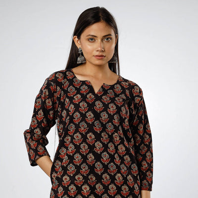 Buy Black - Ajrakh Block Printed Cotton Long Kurta for Women