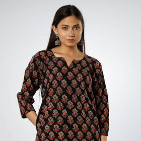 Buy Black - Ajrakh Block Printed Cotton Long Kurta for Women
