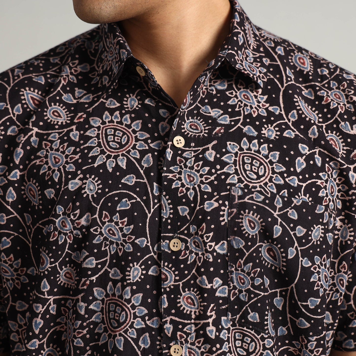 Buy Ajrakh Block Printed Cotton Men Half Sleeve Shirt 01 Online at iTokri.com
