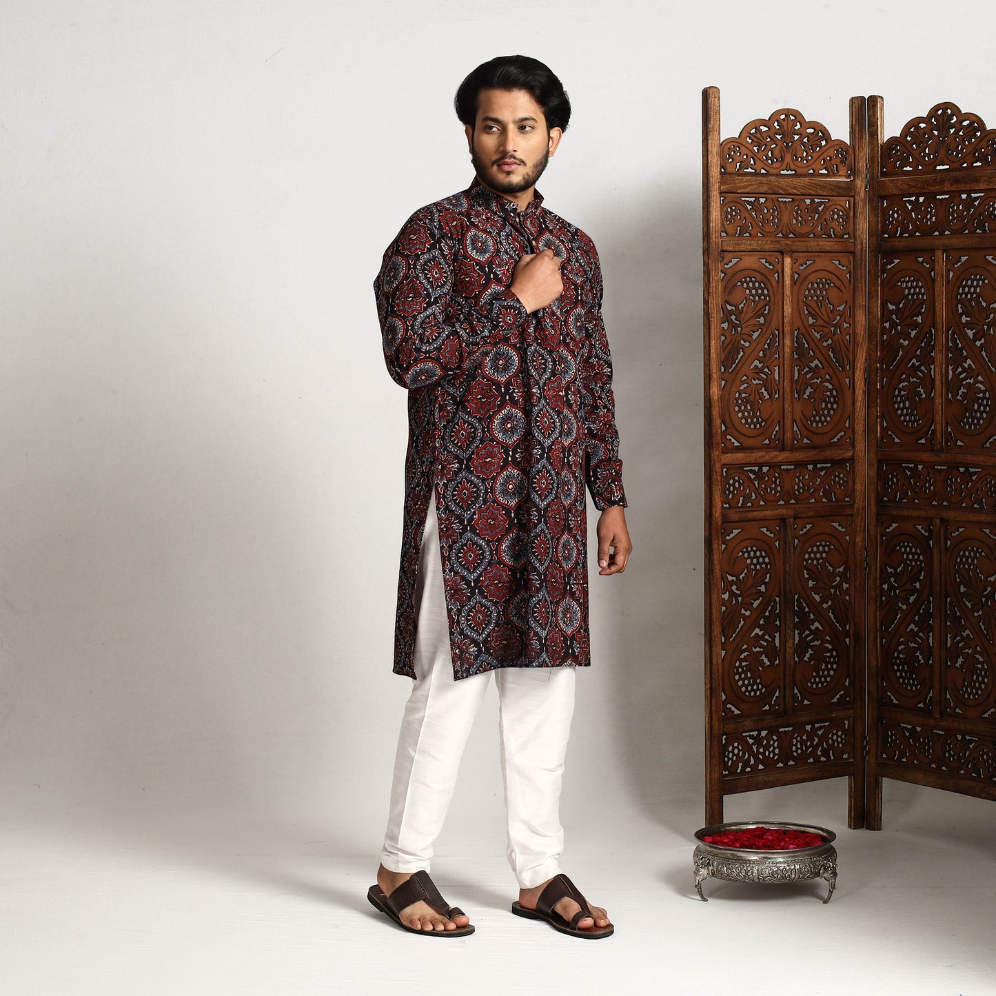 Black - ajrakh block printed cotton men long kurta