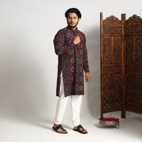 Black - ajrakh block printed cotton men long kurta