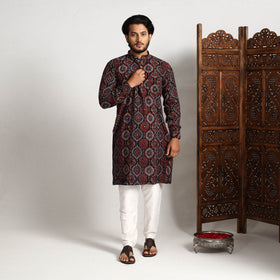 Black - ajrakh block printed cotton men long kurta
