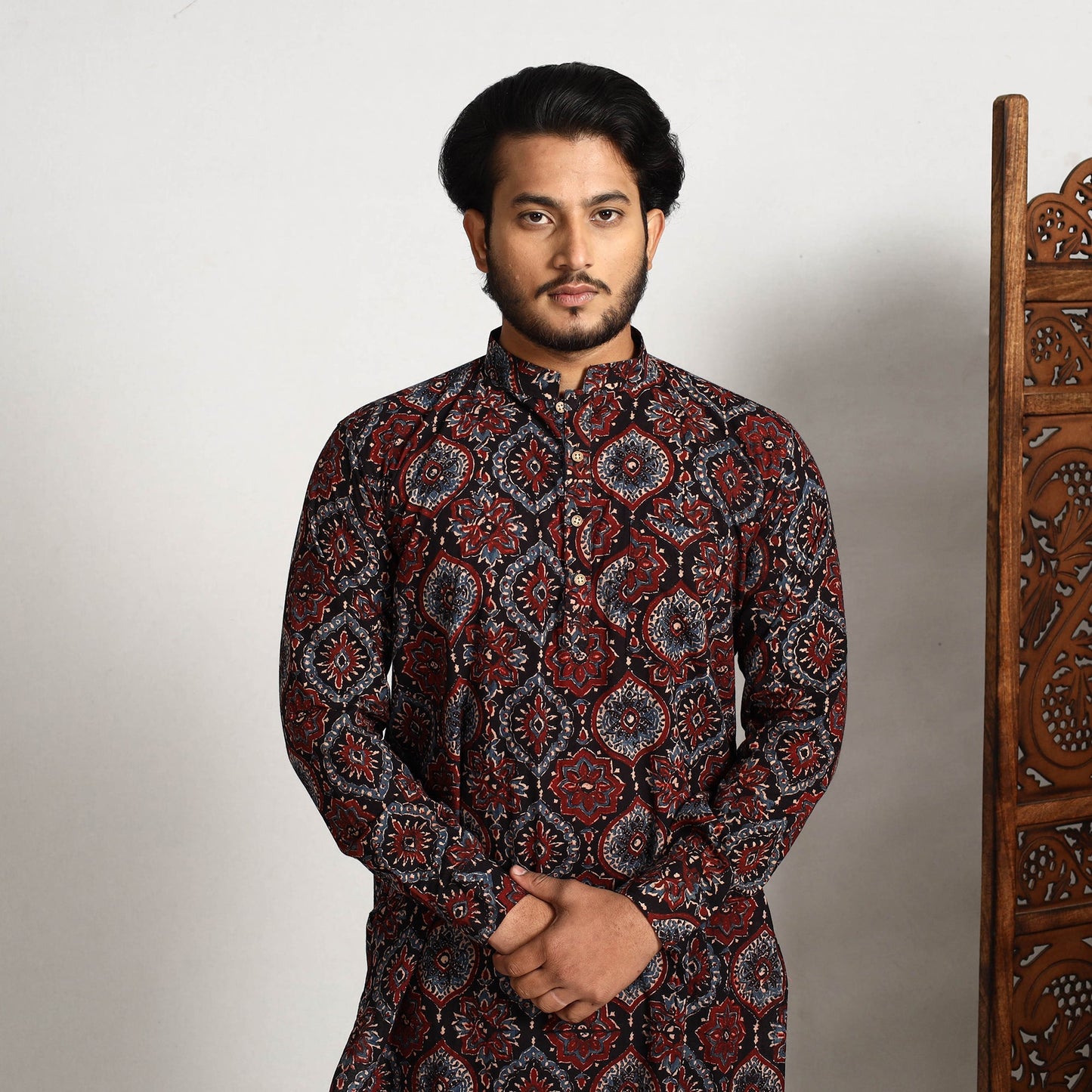 Black - ajrakh block printed cotton men long kurta