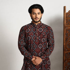 Black - ajrakh block printed cotton men long kurta