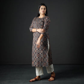 Ajrakh Block Printed Cotton Pintuck Straight Kurta for Women