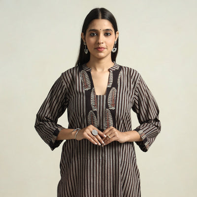 Black - Ajrakh Block Printed Cotton Straight Kurta with Patch
