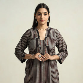 Black - Ajrakh Block Printed Cotton Straight Kurta with Patch