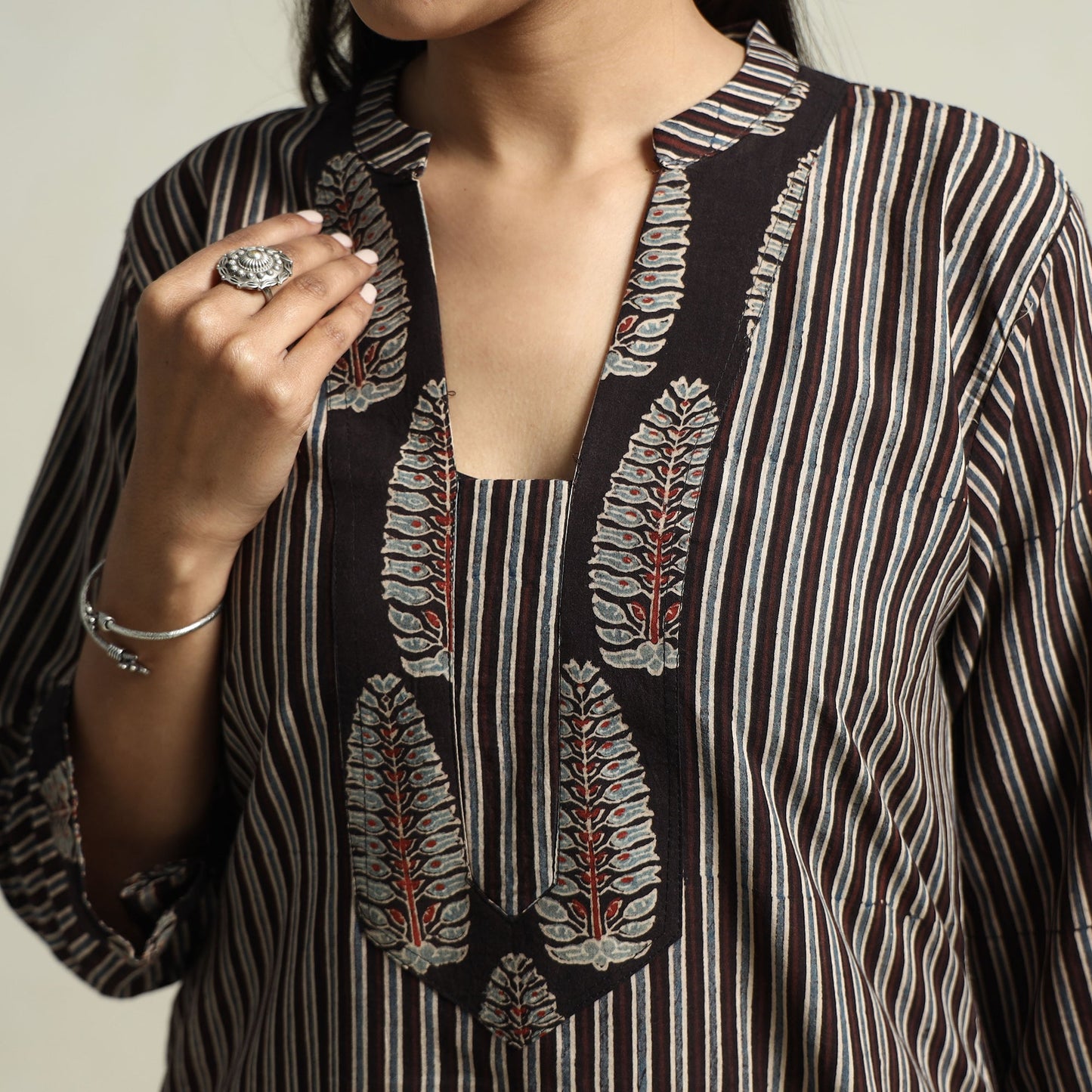 Black - Ajrakh Block Printed Cotton Straight Kurta with Patch