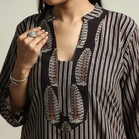 Black - Ajrakh Block Printed Cotton Straight Kurta with Patch