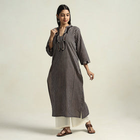 Black - Ajrakh Block Printed Cotton Straight Kurta with Patch