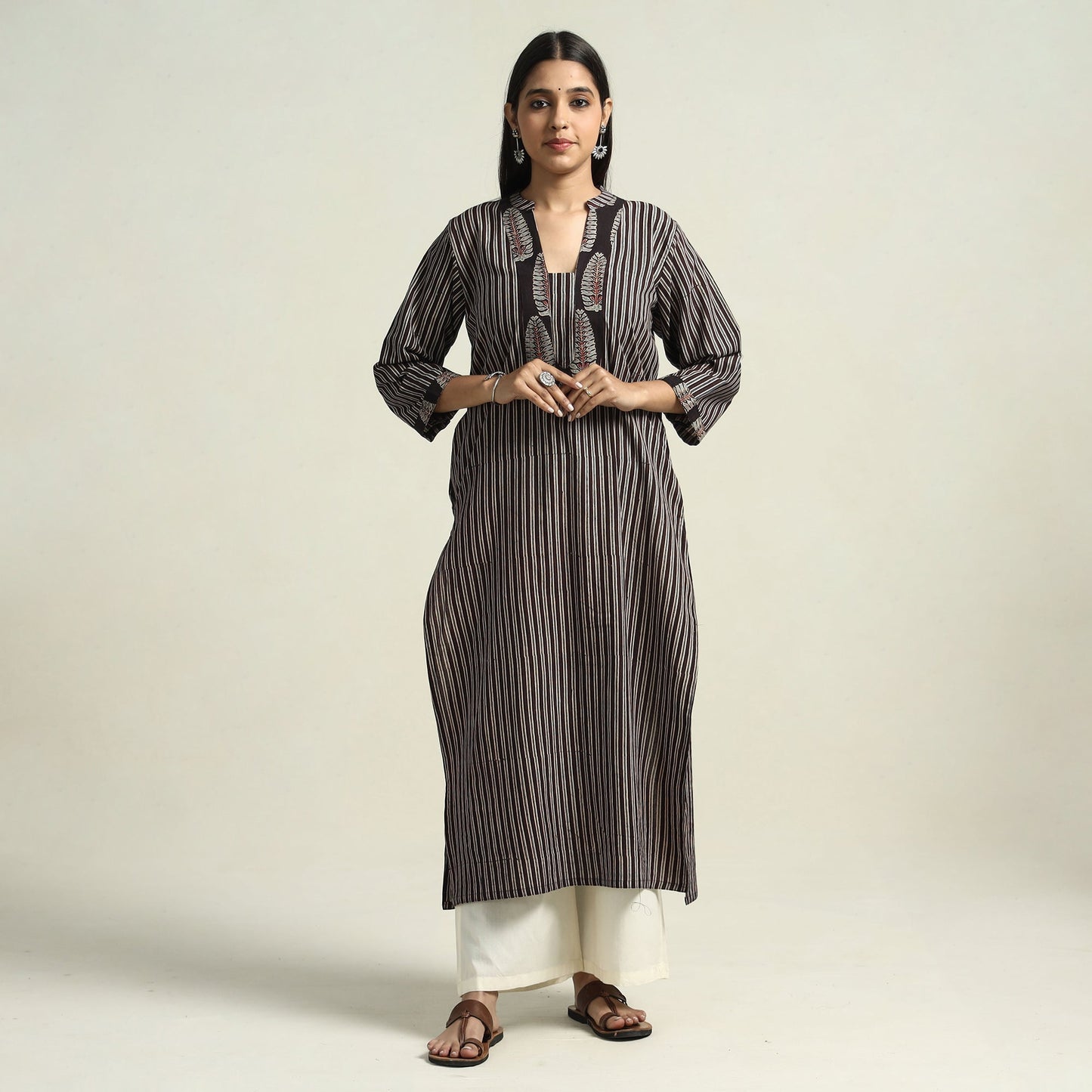 Black - Ajrakh Block Printed Cotton Straight Kurta with Patch