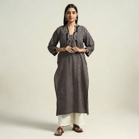 Black - Ajrakh Block Printed Cotton Straight Kurta with Patch