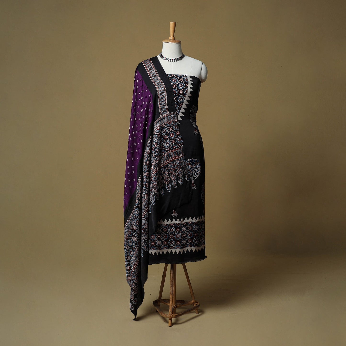 Ajrakh hand block print with bandhani modal silk natural