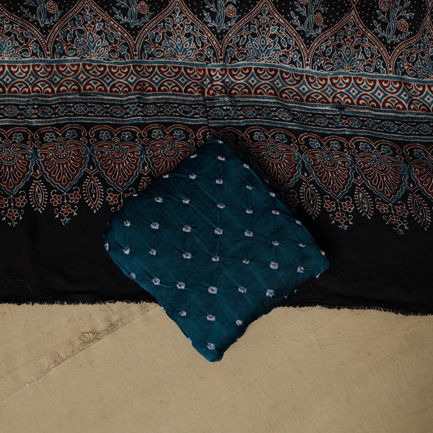 Ajrakh hand block print with bandhani modal silk natural