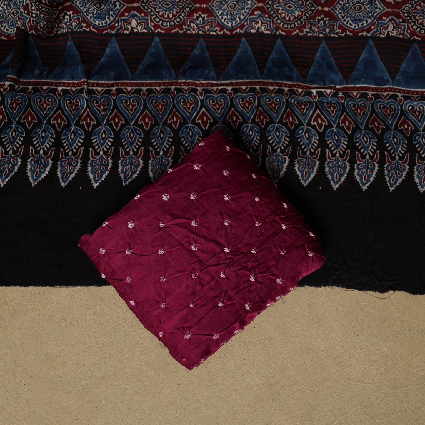 Ajrakh hand block print with bandhani modal silk natural