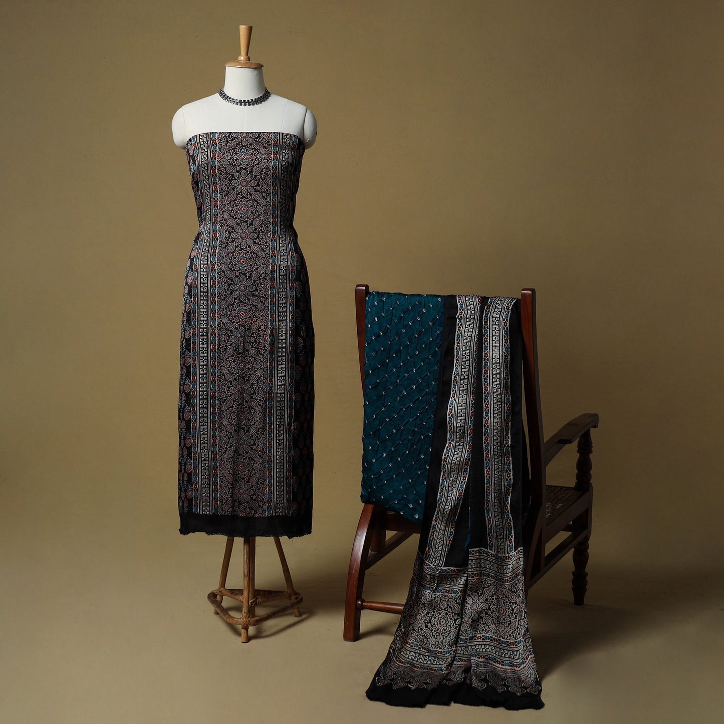 Ajrakh hand block print with bandhani modal silk natural