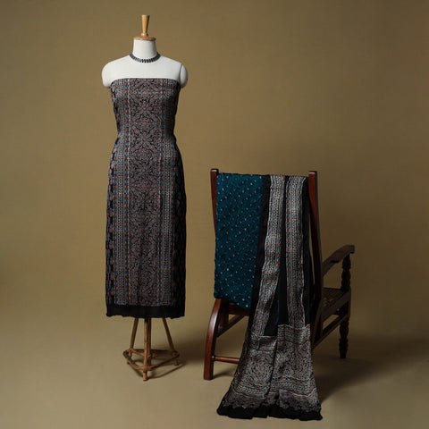 Ajrakh hand block print with bandhani modal silk natural