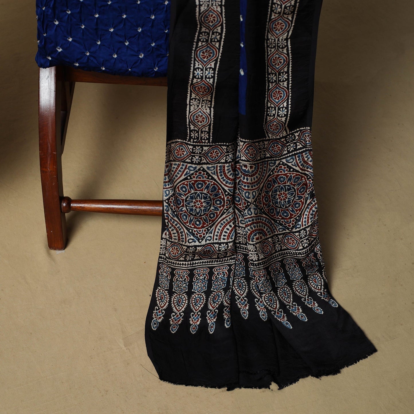 Ajrakh hand block print with bandhani modal silk natural