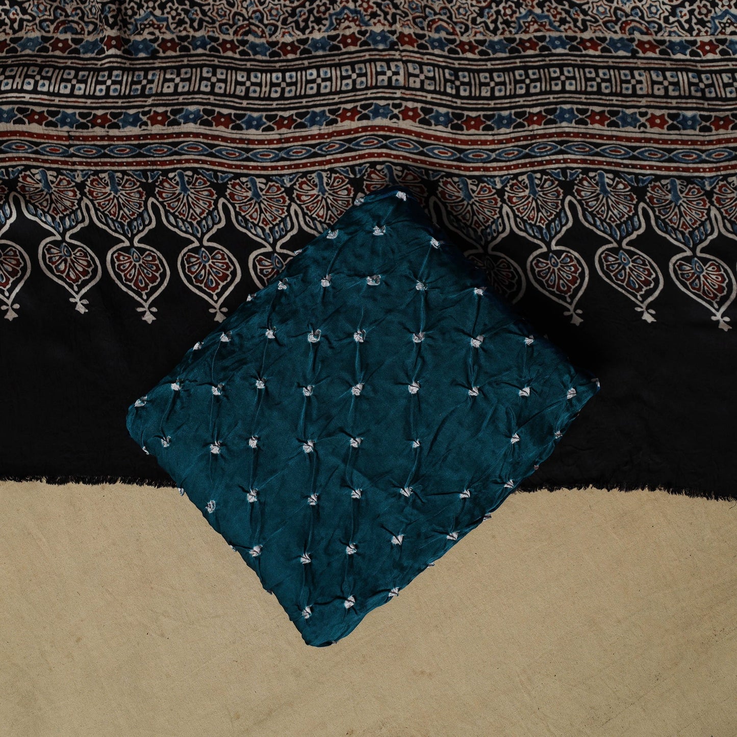 Ajrakh hand block print with bandhani modal silk natural